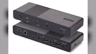 Dock Thunderbolt 5 StarTech.com noir, vues avant et arrière avec ports USB, HDMI, DisplayPort et Ethernet