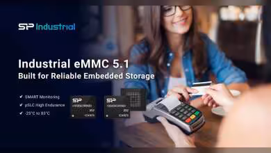 Visuel promotionnel SP Industrial eMMC 5.1, deux modules de stockage embarqué, femme payant par carte bancaire
