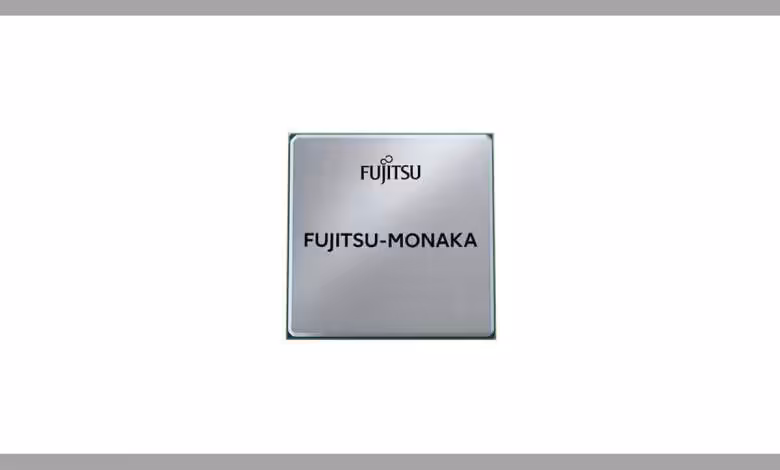 Fujitsu MONAKA : un CPU 2 nm japonais pour l’IA souveraine et des serveurs dès 2026 1 Puce Fujitsu-MONAKA gravée Fujitsu sur fond blanc, photo produit du CPU japonais