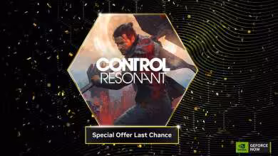 Visuel NVIDIA GeForce NOW pour Control Resonant, avec offre spéciale Last Chance sur fond noir abstrait