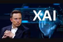 Elon Musk devant le logo xAI et une illustration de robot humanoïde
