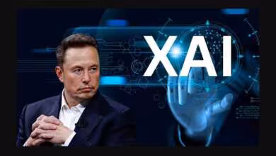 Elon Musk devant le logo xAI et une illustration de robot humanoïde
