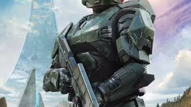 Master Chief de Halo en armure Mjolnir verte, casque à visière dorée et fusil d’assaut futuriste