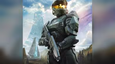 Master Chief de Halo en armure Mjolnir verte, visière dorée et fusil d’assaut futuriste
