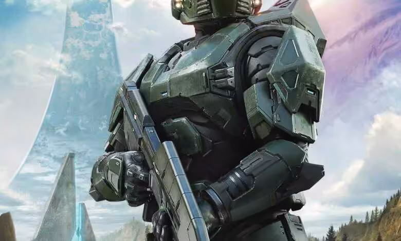 Halo reboot : Activision repartirait de zéro pour une sortie après 2030 1 Master Chief de Halo en armure Mjolnir verte, tenant un fusil dans un paysage extraterrestre montagneux