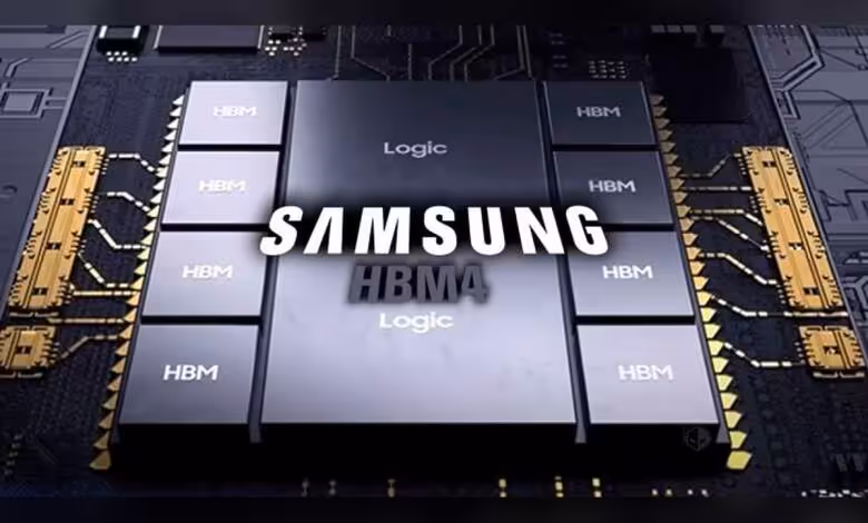 HBM4 Samsung : la production pourrait être multipliée par 2,5 dès 2027 pour l’IA 1 Illustration de puce Samsung HBM4 avec piles mémoire HBM entourant deux blocs logiques sur circuit imprimé
