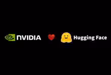 Logo NVIDIA et Hugging Face sur fond noir avec emoji cœur entre les deux marques