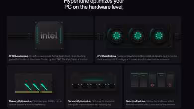 Interface Hypertune présentant l’optimisation matérielle PC avec CPU Intel, GPU, mémoire, réseau et features sélectives