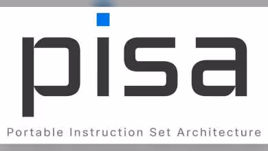 Logo Intel PISA, Portable Instruction Set Architecture, sur fond blanc