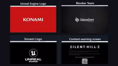 Montage de quatre écrans Silent Hill 2 Remake affichant logos Konami, Bloober Team, Unreal Engine et avertissement de contenu