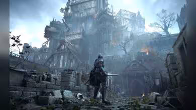 Capture de Demon's Souls Remake sur PS5 avec personnage en armure devant un château gothique brumeux