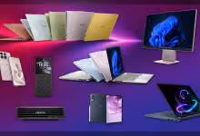 Gamme Lenovo Yoga avec PC portables pliables, tablette, smartphone et moniteur sur fond violet dégradé