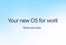 Visuel Microsoft Copilot affichant le slogan « Your new OS for work » sur fond bleu clair