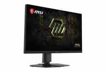Moniteur gaming MSI MAG 271KPD7 vu de trois quarts, écran 27 pouces affichant le logo MAG