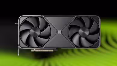 Carte graphique NVIDIA GeForce RTX noire à double ventilateur sur fond vert lumineux