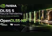 Visuel NVIDIA DLSS 5 Neural Rendering annonçant OpenDLSS-NR compatible Vulkan et WebGPU avec scène 3D comparative