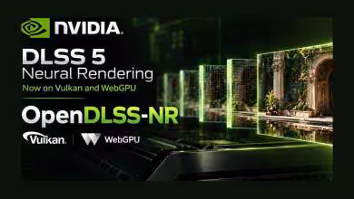 Visuel NVIDIA DLSS 5 Neural Rendering annonçant OpenDLSS-NR compatible Vulkan et WebGPU avec scène 3D comparative
