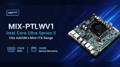 Visuel promotionnel AAEON MIX-PTLV1 Intel Core Ultra Series 3, Mini-ITX, DDR5 128GB et 10GbE.