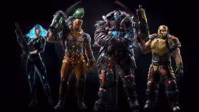 Personnages combattants de Quake Champions alignés sur fond noir, dont Ranger, Visor et guerriers lourdement armés