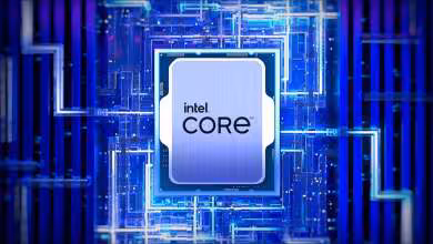 Processeur Intel Core au centre d’un fond bleu technologique, illustrant une puce Raptor Lake Next