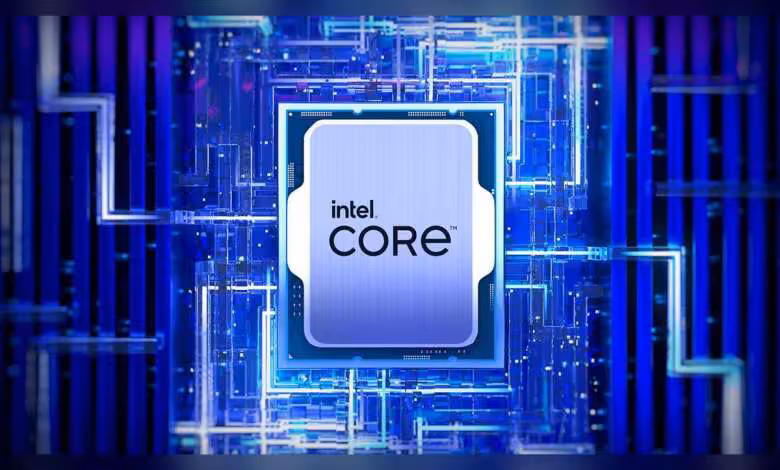 Raptor Lake Next : Intel préparerait un remplaçant 8P+8E pour le Core i5-14600K 1 Processeur Intel Core au centre d’un fond bleu technologique, illustrant une puce Raptor Lake Next