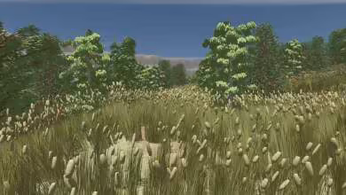 Scène 3D de végétation dense avec herbes, roseaux et arbres, démontrant le ray tracing AMD