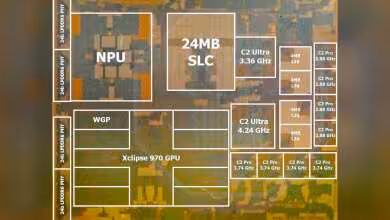 Schéma de puce Samsung Exynos avec NPU, GPU Xclipse 970, mémoire SLC 24 Mo et cœurs C2 Ultra