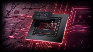 Puce graphique AMD Radeon RDNA sur fond de circuits imprimés roses, design de processeur central moderne
