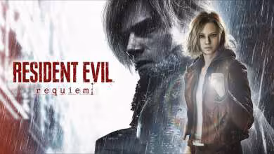 Visuel promotionnel Resident Evil Requiem montrant deux personnages sous la pluie avec le logo du jeu
