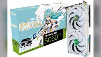 Packaging PALIT RiTONA GeForce RTX 5060 Ti 8GB et carte graphique blanche double ventilateur.