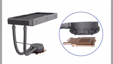Refroidisseur liquide Asetek pour carte graphique, radiateur fin et bloc GPU détaillé en coupe