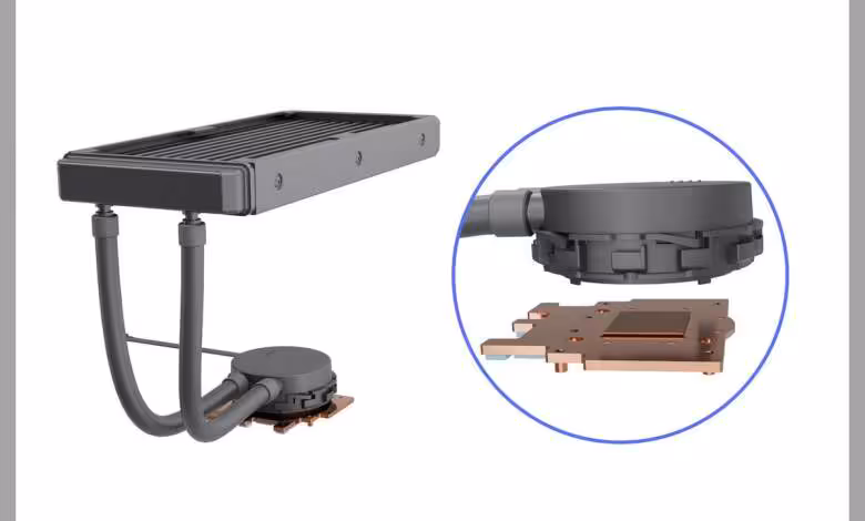 RTX 5070 liquide : Asetek, MSI et Mouse lancent un PC G TUNE refroidi par eau 1 Refroidisseur liquide Asetek pour carte graphique, radiateur fin et bloc GPU détaillé en coupe