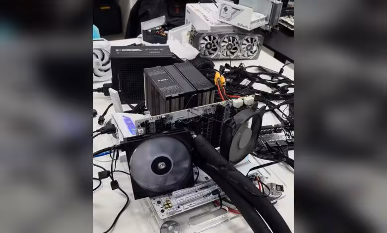 RTX 5090 : des moddeurs contournent les connecteurs fondus en soudant le PCB 1 Montage test PC avec carte graphique Nvidia GeForce, refroidissement triple ventilateur et câbles d’alimentation moddés
