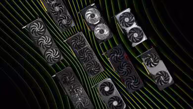 Collection de cartes graphiques NVIDIA GeForce RTX aux designs variés, avec refroidissement double et triple ventilateurs