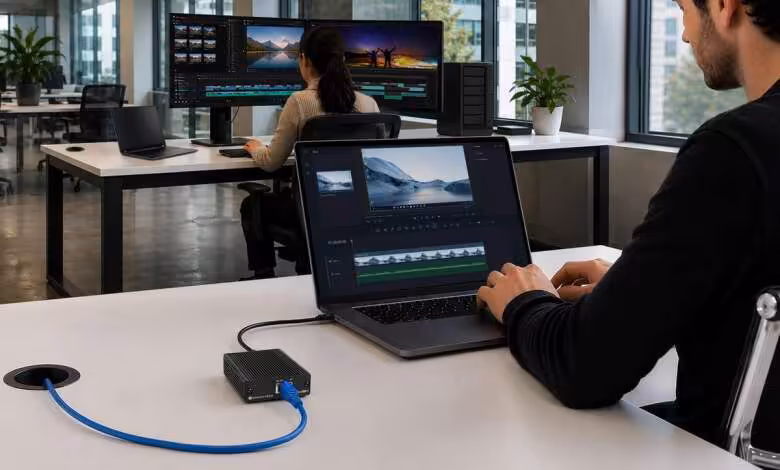 Sonnet Solo10G T5 : l’adaptateur Thunderbolt 5 qui ajoute un port Ethernet 10 GbE 1 Adaptateur Sonnet Solo10G T5 connecté à un ordinateur portable dans un bureau de montage vidéo