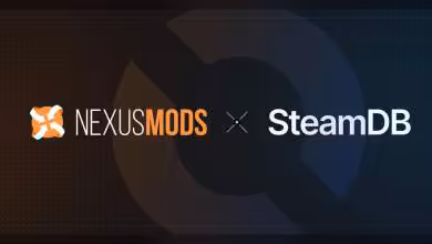 Logos Nexus Mods et SteamDB sur fond sombre avec symbole circulaire stylisé en arrière-plan