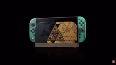 Nintendo Switch 2 édition The Legend of Zelda, console turquoise avec dock doré, fond noir