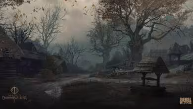 Village médiéval sombre et brumeux de The Blood of Dawnwalker avec puits au premier plan