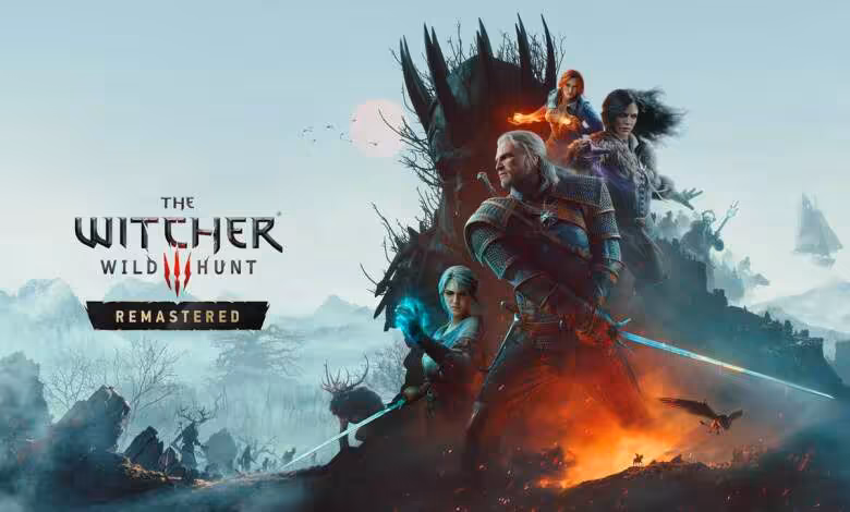 The Witcher 3 Remastered reprend les acquis de la mise à jour 2.0 de Cyberpunk 2077 1 Affiche The Witcher 3 Wild Hunt Remastered avec Geralt, Ciri et Yennefer devant un paysage fantastique en flammes
