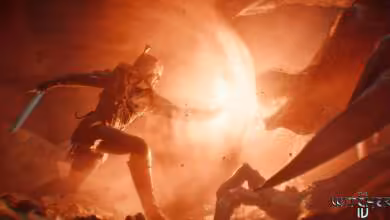 Ciri dans The Witcher 4 combat un monstre ailé devant une explosion dans un décor rocheux orangé