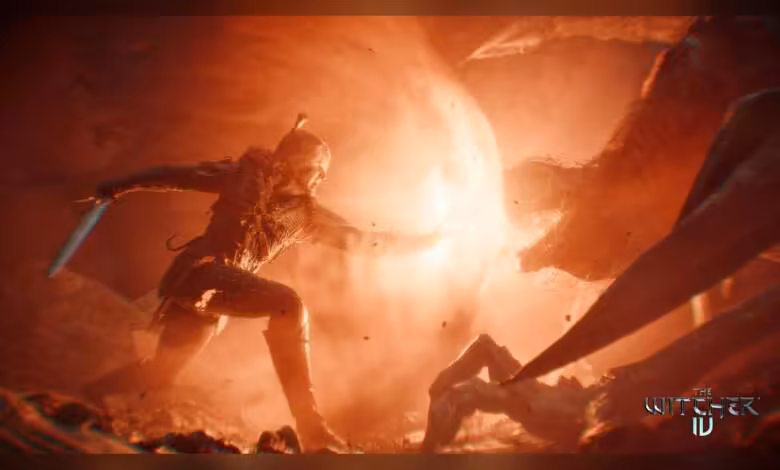 The Witcher Remake en pause : CD Projekt lie son retour aux avancées de The Witcher 4 1 Scène de combat de The Witcher Remake, Geralt en silhouette dans une grotte rougeoyante, explosion lumineuse brute