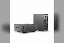 Deux mini-PC Acer Veriton RI110 gris, montrant face avant et panneau de connectique arrière