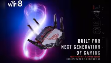 Routeur ASUS ROG WiFi 8 quad-band, vue produit marketing avec logo WiFi 8 et design gaming