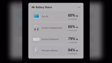 Widget Windows 11 “Battery Status” affichant batterie du PC, Surface Headphones, Surface Keyboard et Precision Mouse connecté