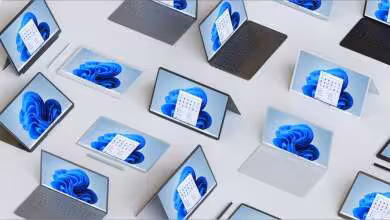 Plusieurs ordinateurs portables Windows 11 affichant l’écran d’accueil bleu sur fond clair, vue en plongée