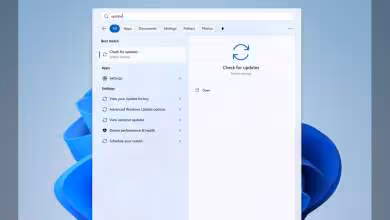 Fenêtre Windows 11 Update avec recherche de mises à jour, interface Paramètres et fond bleu Windows