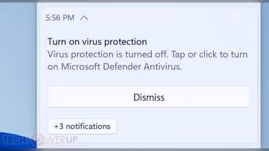 Notification Windows Defender indiquant Turn on virus protection avec bouton Dismiss et +3 notifications