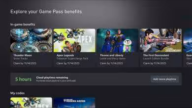 Interface Xbox Game Pass affichant les avantages, le temps de jeu cloud restant et l’option d’ajouter du temps de jeu