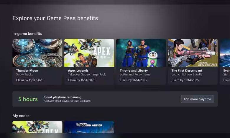 Xbox Cloud Gaming limité à 15 heures par mois dès novembre sur le Game Pass 1 Interface Xbox Game Pass affichant les avantages, le temps de jeu cloud restant et l’option d’ajouter du temps de jeu