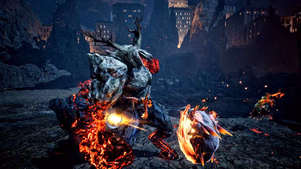 Combat de boss dans une grotte sombre avec attaque enflammée et effets visuels spectaculaires